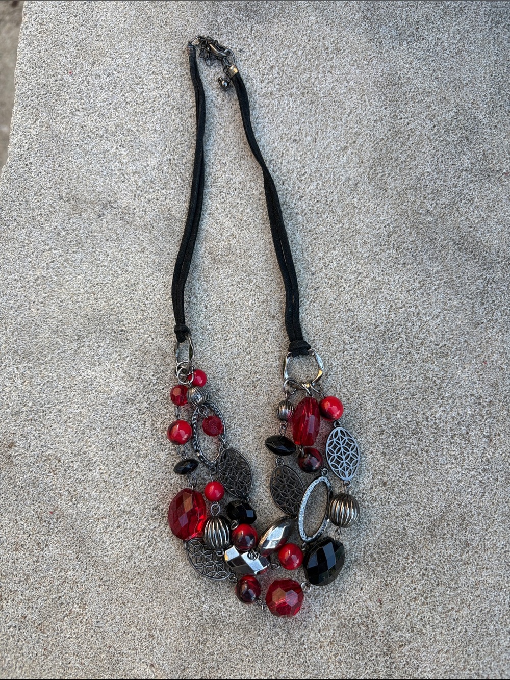 Women's Red and Black Multi-Strand Beaded Necklace